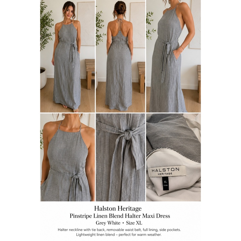 Halston Heritage Pinstripe Linen Blend Halter Maxi Dress Grey White XL